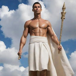 Cristiano Ronaldo poetically represented as a majestic Greek god, complete with an athletic physique, wearing a toga, wielding a golden spear and surrounded by ethereal clouds.