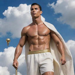 Cristiano Ronaldo poetically represented as a majestic Greek god, complete with an athletic physique, wearing a toga, wielding a golden spear and surrounded by ethereal clouds.