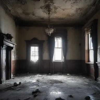 The abandoned mansion was eerie and unsettling, with trefoil ornaments hanging from the walls, adding to the horror of the scene.