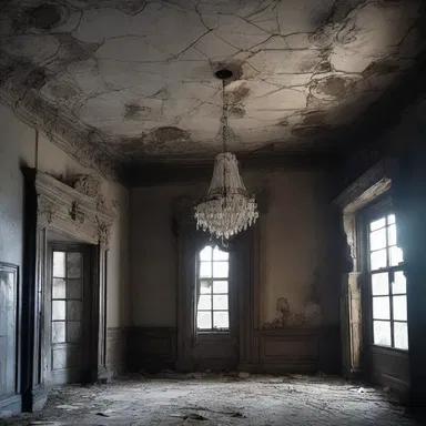 The abandoned mansion was eerie and unsettling, with trefoil ornaments hanging from the walls, adding to the horror of the scene.