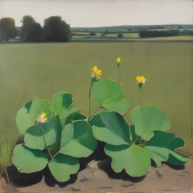The painter included a detailed trefoil plant in the foreground of their landscape painting.