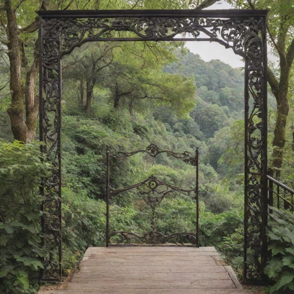 An intricate iron rail wall surrounded by a frame made of lush nature scenery