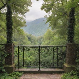 An intricate iron rail wall surrounded by a frame made of lush nature scenery