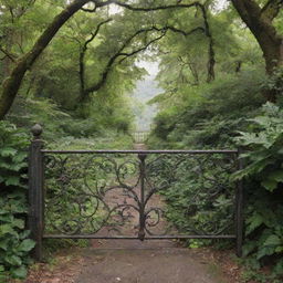 An intricate iron rail wall surrounded by a frame made of lush nature scenery