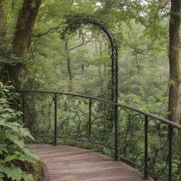 An intricate iron rail wall surrounded by a frame made of lush nature scenery