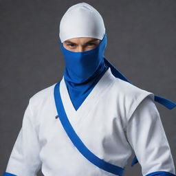 A male ninja in all-white clothing with blue details