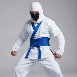 A male ninja in all-white clothing with blue details