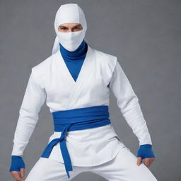 A male ninja in all-white clothing with blue details