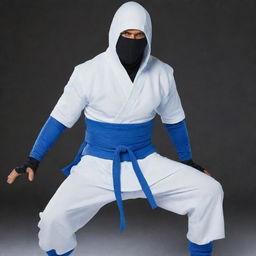 A male ninja in all-white clothing with blue details