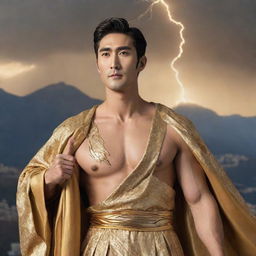 The Korean actor Siwon depicted as a majestic Greek god, draped in a flowing golden robe, holding a lightning bolt in one hand, with the backdrop of Mount Olympus.