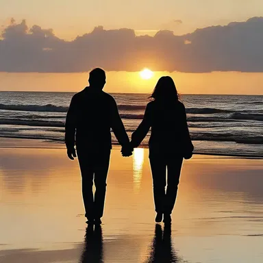 They took a brisk walk hand in hand along the beach, enjoying the beautiful sunset together.