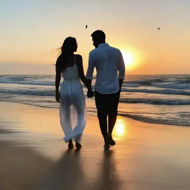 They took a brisk walk hand in hand along the beach, enjoying the beautiful sunset together.