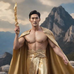 The Korean actor Siwon depicted as a majestic Greek god, draped in a flowing golden robe, holding a lightning bolt in one hand, with the backdrop of Mount Olympus.