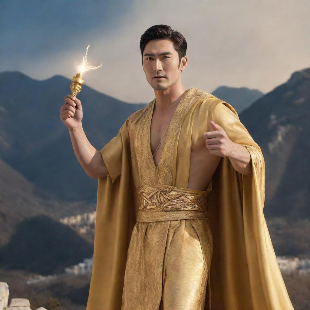 The Korean actor Siwon depicted as a majestic Greek god, draped in a flowing golden robe, holding a lightning bolt in one hand, with the backdrop of Mount Olympus.