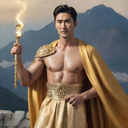 The Korean actor Siwon depicted as a majestic Greek god, draped in a flowing golden robe, holding a lightning bolt in one hand, with the backdrop of Mount Olympus.