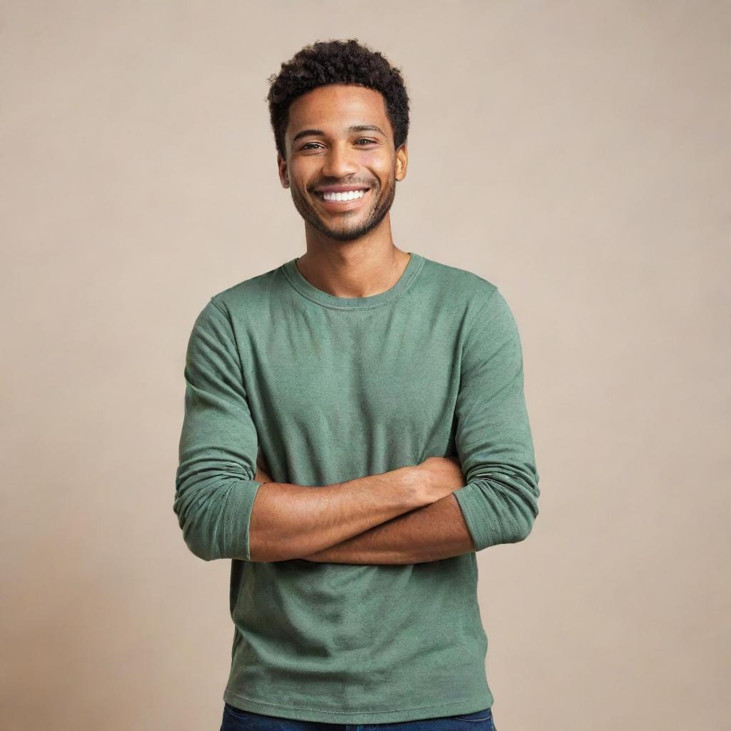 Stock photo of a person standing confidently with a beaming smile on their face, dressed in casual attire against a neutral background.