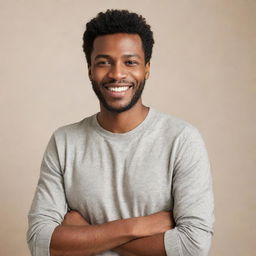 Stock photo of a person standing confidently with a beaming smile on their face, dressed in casual attire against a neutral background.