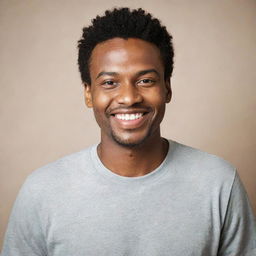 Stock photo of a person standing confidently with a beaming smile on their face, dressed in casual attire against a neutral background.