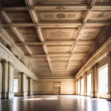 The grand ballroom of the mansion featured intricate ceiling designs and ample space for country reels to be executed flawlessly.
