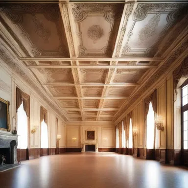 The grand ballroom of the mansion featured intricate ceiling designs and ample space for country reels to be executed flawlessly.