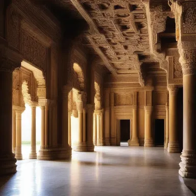 The grand entrance hall of the palace was adorned with intricate reel carving on the walls and pillars.
