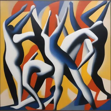 The abstract painting depicted figures in various distorted positions, as if they were reeling in slow motion.