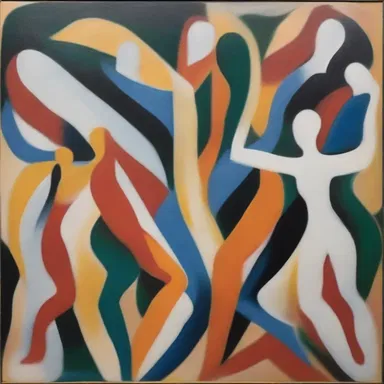 The abstract painting depicted figures in various distorted positions, as if they were reeling in slow motion.