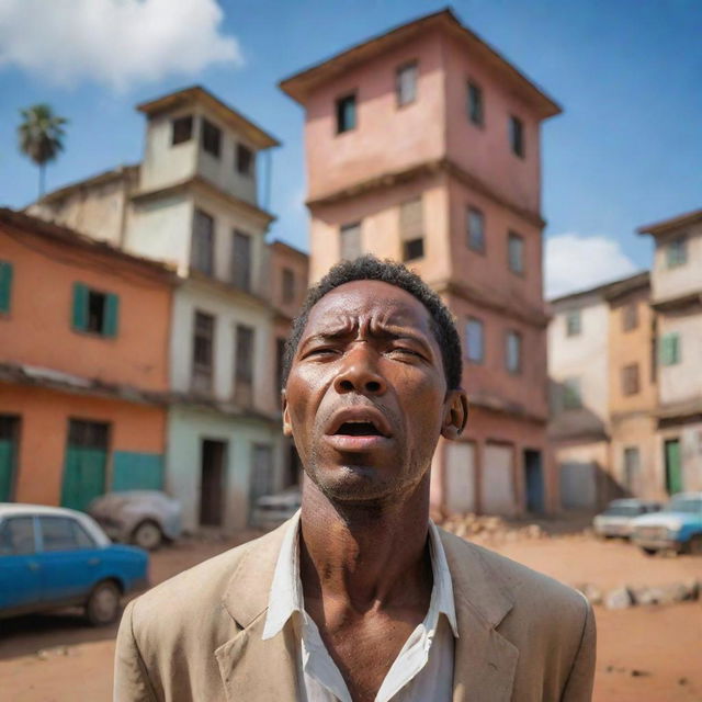 A man in deep emotional distress crying in a vibrant neighborhood in Madagascar, with lavish structures tower over him, contrasting wealth and desperation.