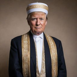 A professional portrait of Donald Trump in traditional Imam attire