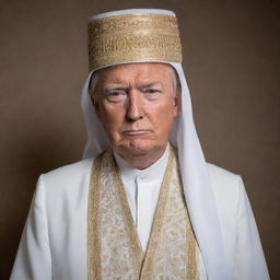 A professional portrait of Donald Trump in traditional Imam attire