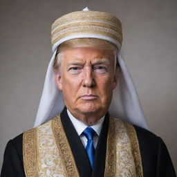 A professional portrait of Donald Trump in traditional Imam attire