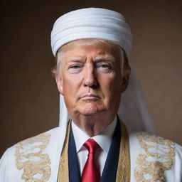 A professional portrait of Donald Trump in traditional Imam attire