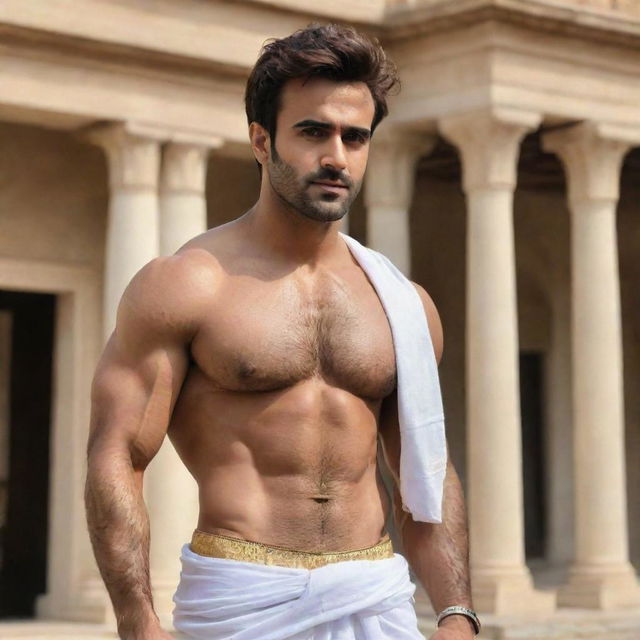 Indian actor Pearl V Puri transformed into a muscular Greek god, with well-defined muscles, wearing a toga and surrounded by classic Greek architecture.