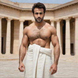 Indian actor Pearl V Puri transformed into a muscular Greek god, with well-defined muscles, wearing a toga and surrounded by classic Greek architecture.