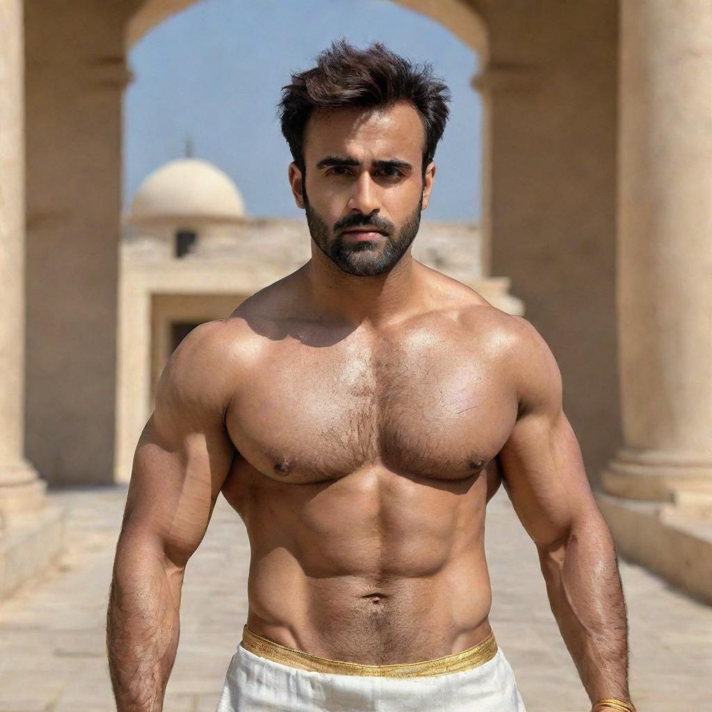 Indian actor Pearl V Puri transformed into a muscular Greek god, with well-defined muscles, wearing a toga and surrounded by classic Greek architecture.