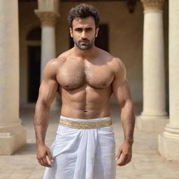 Indian actor Pearl V Puri transformed into a muscular Greek god, with well-defined muscles, wearing a toga and surrounded by classic Greek architecture.