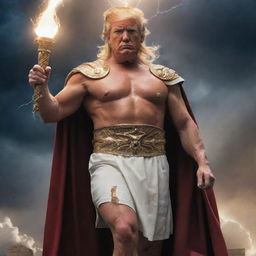 A detailed depiction of Donald Trump transformed into a powerful Greek god, adorned in traditional garbs, carrying a lightning bolt like Zeus.