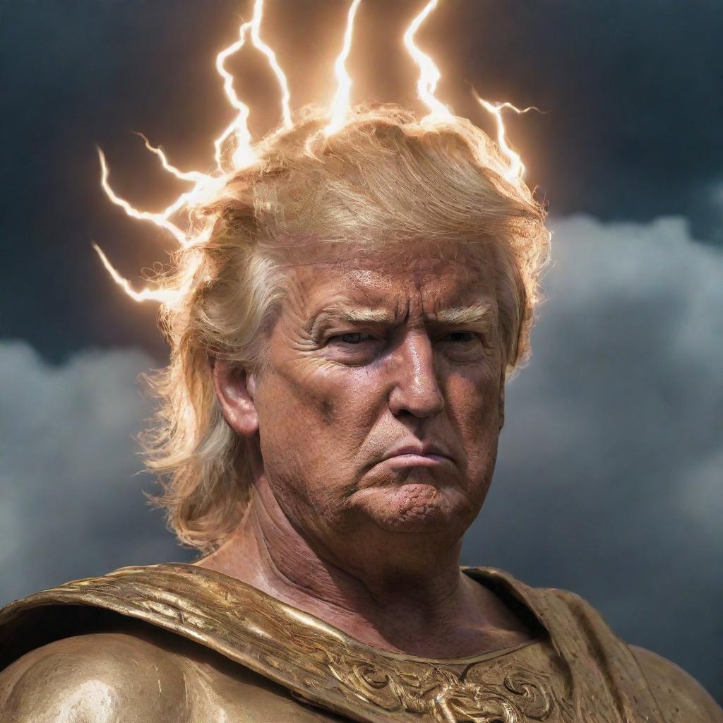 A detailed depiction of Donald Trump transformed into a powerful Greek god, adorned in traditional garbs, carrying a lightning bolt like Zeus.