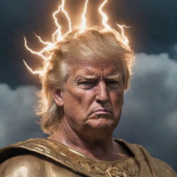 A detailed depiction of Donald Trump transformed into a powerful Greek god, adorned in traditional garbs, carrying a lightning bolt like Zeus.