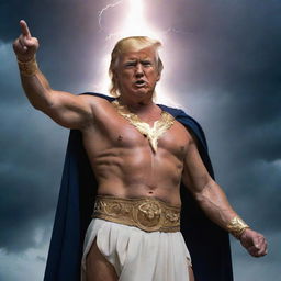 A detailed depiction of Donald Trump transformed into a powerful Greek god, adorned in traditional garbs, carrying a lightning bolt like Zeus.