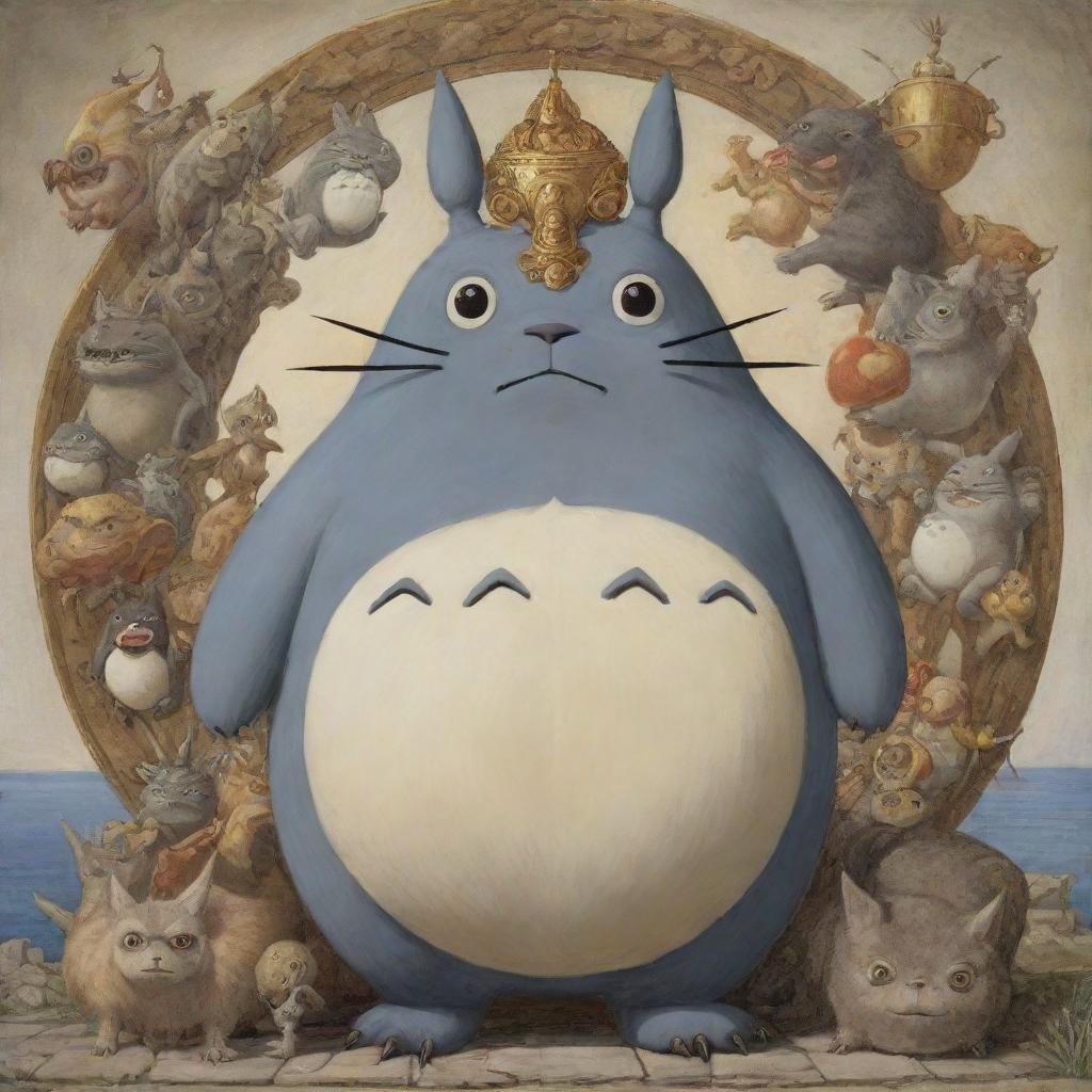 Totoro from Studio Ghibli, portrayed as a Greek god in majestic and ancient Greek attire, surrounded by conventional Greek mythology symbolism.