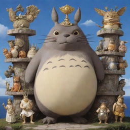 Totoro from Studio Ghibli, portrayed as a Greek god in majestic and ancient Greek attire, surrounded by conventional Greek mythology symbolism.