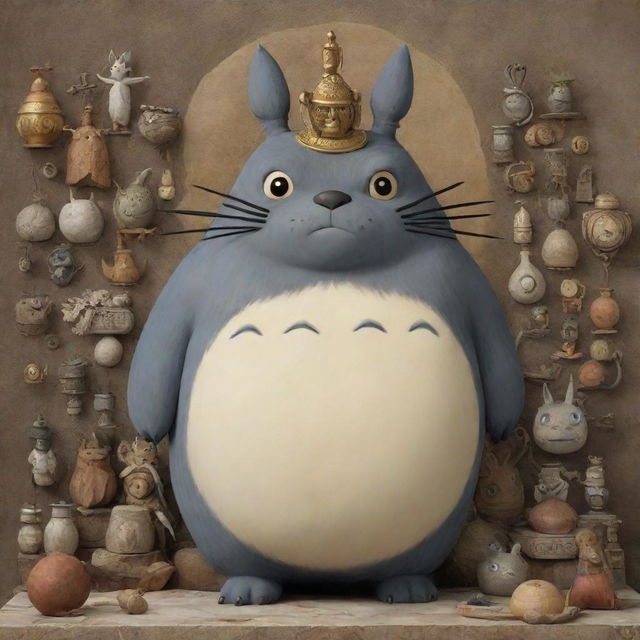 Totoro from Studio Ghibli, portrayed as a Greek god in majestic and ancient Greek attire, surrounded by conventional Greek mythology symbolism.