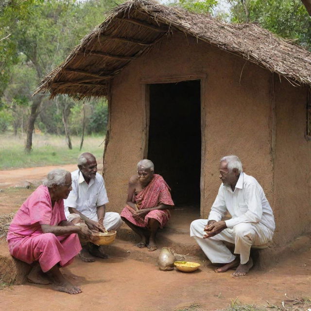 A traditional hut in Tamilnadu, India, with elderly people wearing customary attire, engaging in local tasks amid the serene, rustic setting