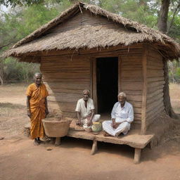 A traditional hut in Tamilnadu, India, with elderly people wearing customary attire, engaging in local tasks amid the serene, rustic setting