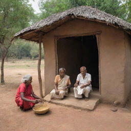 A traditional hut in Tamilnadu, India, with elderly people wearing customary attire, engaging in local tasks amid the serene, rustic setting