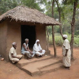 A traditional hut in Tamilnadu, India, with elderly people wearing customary attire, engaging in local tasks amid the serene, rustic setting