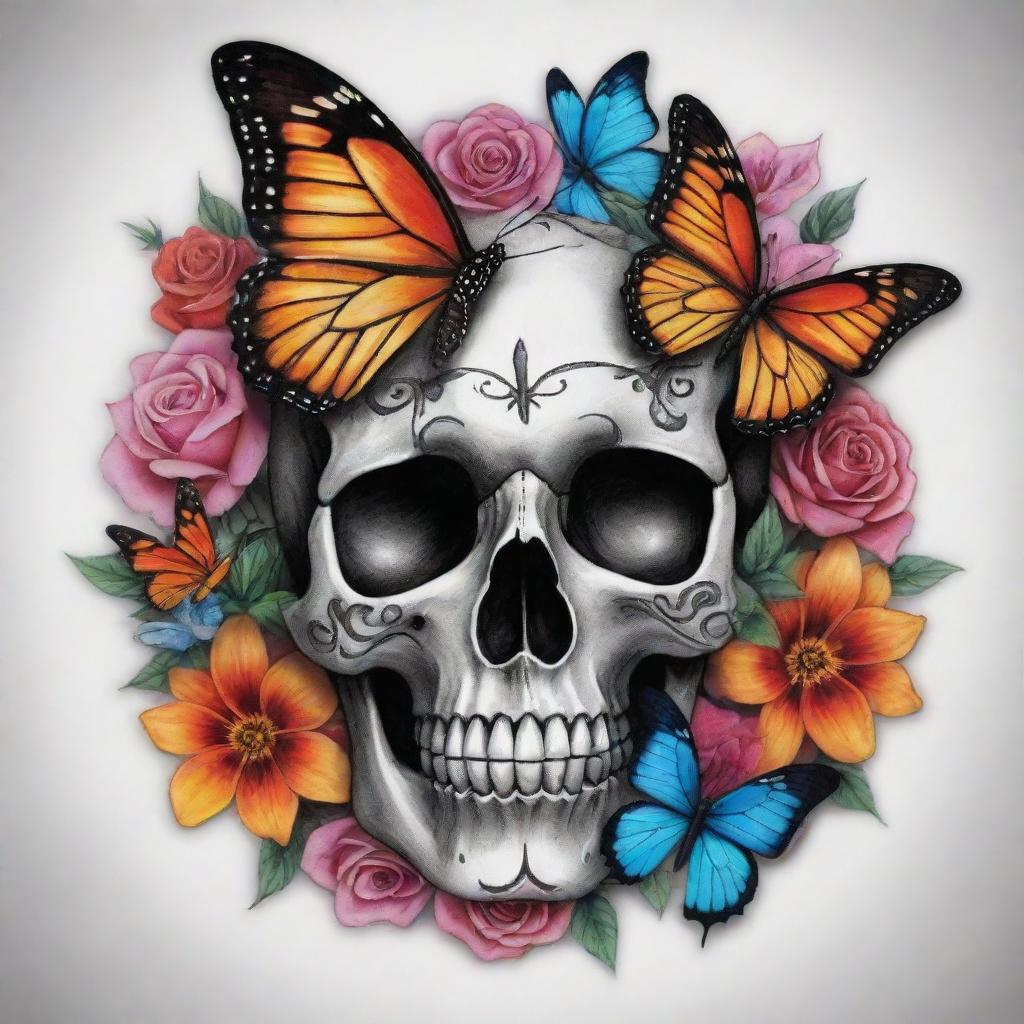 Design a tattoo featuring an artistic skull intertwined with vibrant butterflies and stunning flowers.