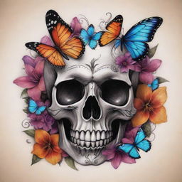 Design a tattoo featuring an artistic skull intertwined with vibrant butterflies and stunning flowers.