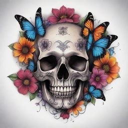 Design a tattoo featuring an artistic skull intertwined with vibrant butterflies and stunning flowers.